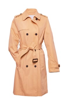 Woman trench coat. A luxurious and stylish elegant female light beige trench coat on mannequin isolated on a white background. Clipping path. Spring and summer fashion.