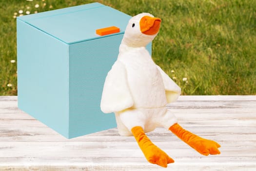 A soft white soft toy duck sits cosily on a table and is leaning against a blue gift box in front of a blurred lawn background. Copy space.