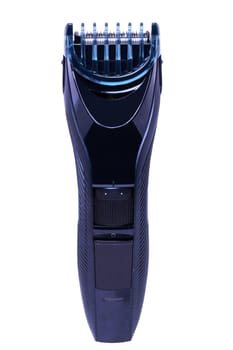 Close-up of a new blue silver rechargeable beard and hair clipper isolated on white. Cordless hair and beard trimmer. Macro.