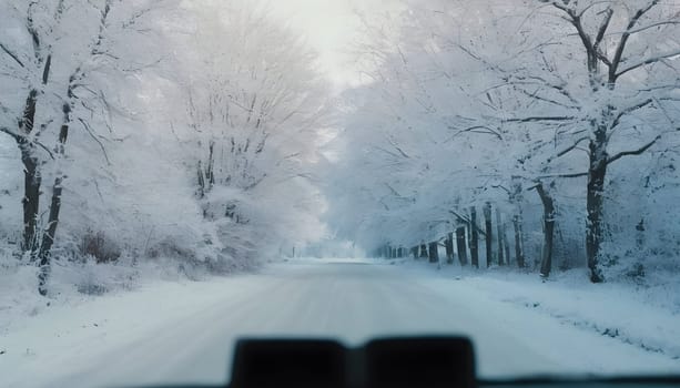 Snowy winter road in a mountain forest. Beautiful winter landscape.