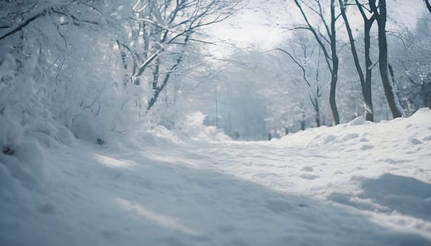 Snowy winter road in a mountain forest. Beautiful winter landscape.
