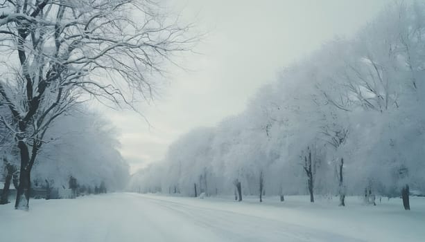 Snowy winter road in a mountain forest. Beautiful winter landscape.