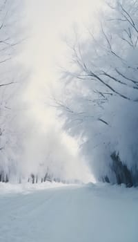 Snowy winter road in a mountain forest. Beautiful winter landscape.