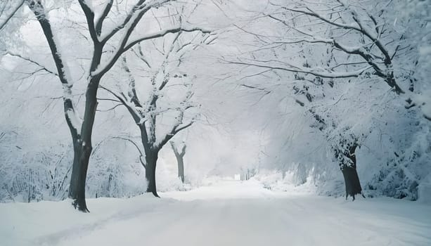 Snowy winter road in a mountain forest. Beautiful winter landscape.