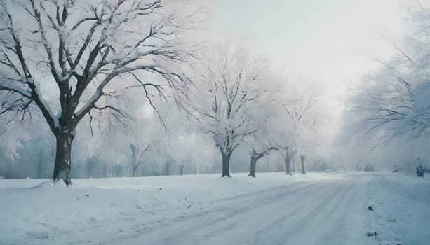 Snowy winter road in a mountain forest. Beautiful winter landscape.