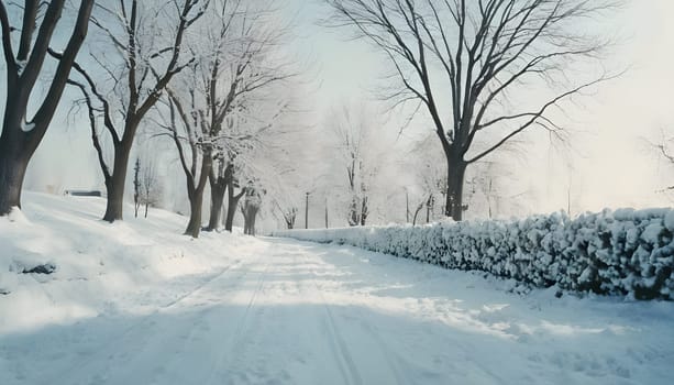 Snowy winter road in a mountain forest. Beautiful winter landscape.