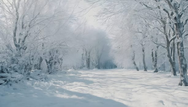 Snowy winter road in a mountain forest. Beautiful winter landscape.