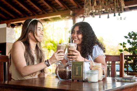 Two girls having a milkshake, two girl friends in a cafe, two girls toasting in a cafe