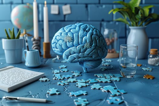 Brain with puzzle pieces on a desk, creative mind, exploding brain full of ideas and imagination, education and innovation concept