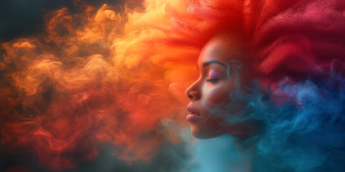 Consciousness of mind, woman with rainbow colored spiritual waves, positive thinking, self identidy and imagination