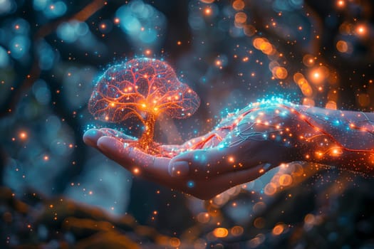 Human brain tree with light, self care and mental health concept, positive thinking, creative mind, development and intelligence
