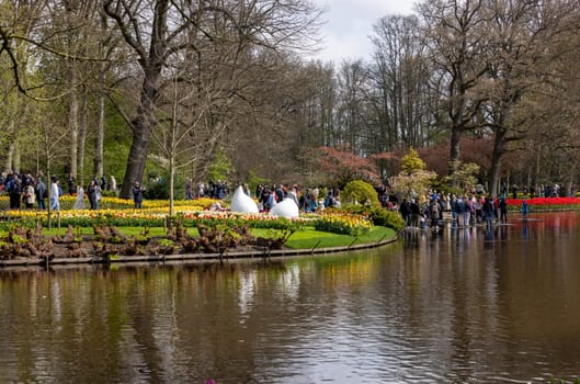 Keukenhof, Lisse Netherlands - April 18, 2023: Visitors at the Keukenhof Garden in Lisse, Netherlands.