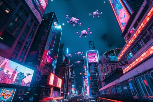 A bustling city street aglow with vibrant neon lights, casting a colorful and dynamic glow upon the futuristic architecture and bustling crowds below.