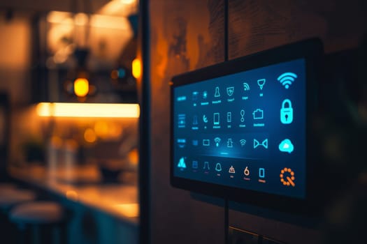 A close-up of a smart home control panel on a glowing wall.