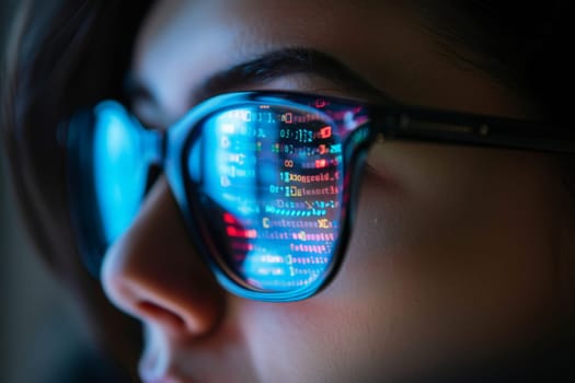 A close up of a person wearing unique glasses, reflecting a sequence of binary code, creating an artful and enigmatic visual.