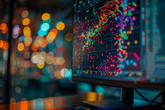 A computer monitor emits a vibrant and colorful visualization on top of a desk, creating a futuristic and mesmerizing display.