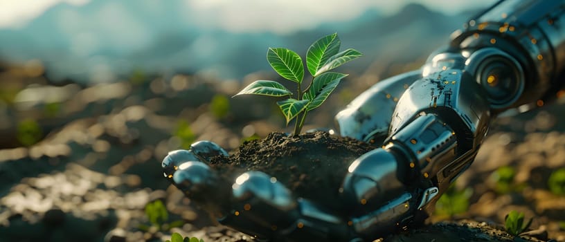 Metal hands, soil and young seedling, symbolizing the combination of nature and technology that can work together for sustainable development or our hope that technology will make human life better.