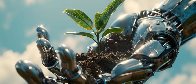 Metal hands, soil and young seedling, symbolizing the combination of nature and technology that can work together for sustainable development or our hope that technology will make human life better.