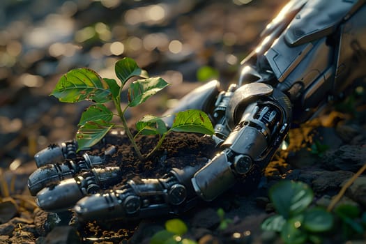 Metal hands, soil and young seedling, symbolizing the combination of nature and technology that can work together for sustainable development or our hope that technology will make human life better.