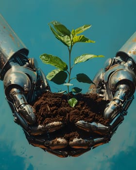 Metal hands, soil and young seedling, symbolizing the combination of nature and technology that can work together for sustainable development or our hope that technology will make human life better.