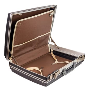 used old fashion plastic suitcase or briefcase isolated on white background, open and lying, diagonal view