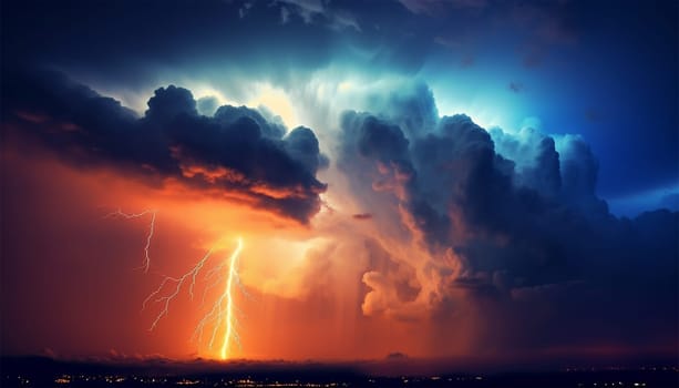 Lightning storm tunder clouds background. Colorful moody nature in the sky storm weather beauty