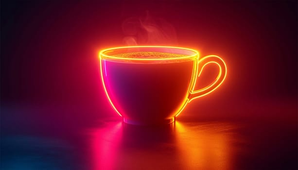 Neon coffee cup icon. Glowing neon tea cup sign, outline mug symbol and silhouette in vivid colors. Hot drink with aroma, cappuccino, espresso, latte. sign, pictogram copy space colorful