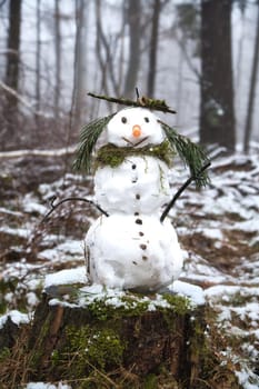 Snowman on a tree stump with a carrot for a nose, buttons, a branch for arms and pine needles for hair. In the snow-covered forest.