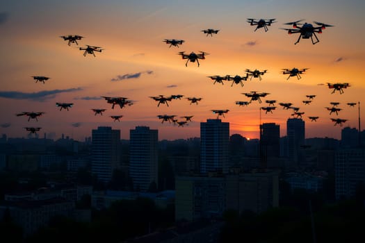 Group of drones over city at summer morning. Neural network generated image. Not based on any actual scene or pattern.