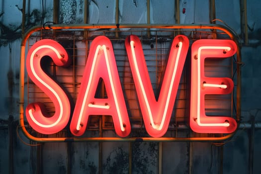 Neon word save on dark shabby wall. Neural network generated image. Not based on any actual scene or pattern.