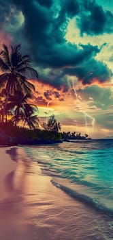 tropical beach view at cloudy stormy sunset with white sand, turquoise water and palm trees. Neural network generated image. Not based on any actual scene or pattern.