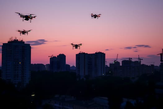Group of drones over city at summer morning. Neural network generated image. Not based on any actual scene or pattern.