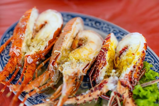 Steamed lobster seafood dish in restaurant