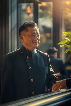 The receptionist stood with a sincere, confident smile in front of the hotel. It is the first thing that creates an impression on guests staying at this hotel which is the first basis of service work.