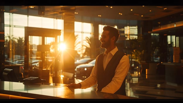 The receptionist stood with a sincere, confident smile in front of the hotel. It is the first thing that creates an impression on guests staying at this hotel which is the first basis of service work.