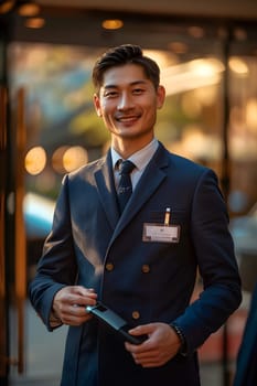 The receptionist stood with a sincere, confident smile in front of the hotel. It is the first thing that creates an impression on guests staying at this hotel which is the first basis of service work.