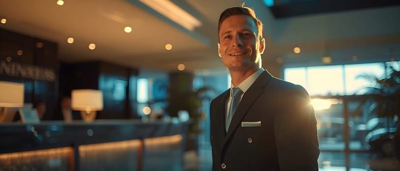The receptionist stood with a sincere, confident smile in front of the hotel. It is the first thing that creates an impression on guests staying at this hotel which is the first basis of service work.