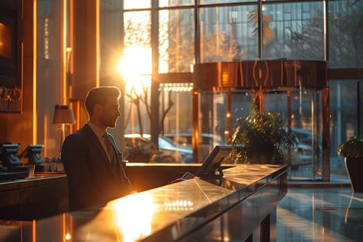 The receptionist stood with a sincere, confident smile in front of the hotel. It is the first thing that creates an impression on guests staying at this hotel which is the first basis of service work.