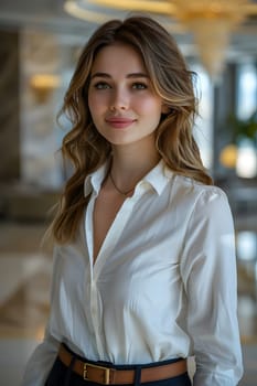 The receptionist stood with a sincere, confident smile in front of the hotel. It is the first thing that creates an impression on guests staying at this hotel which is the first basis of service work.