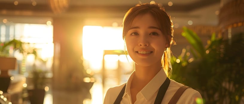 The receptionist stood with a sincere, confident smile in front of the hotel. It is the first thing that creates an impression on guests staying at this hotel which is the first basis of service work.