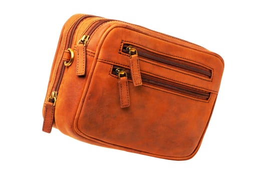 Leather handbag isolated. Close-up of brown businessman luxury leather wrist handbag. Clipping Path. Fashionable brown leather briefcase or bag for men.