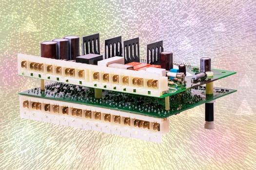 Gas boiler repair. Close-up of Control centre of a condensing gas heating system over abstract cube block pattern 3d raster background. Heat sink on circuit board.