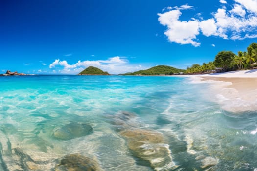 Serene beach with crystal clear waters, perfect for wanderlust themed content. Generative AI