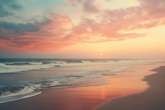 A serene and peaceful beach scene at sunrise. Generative AI