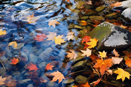 An abstract reflection of colorful leaves on the surface of a clear stream. Generative AI