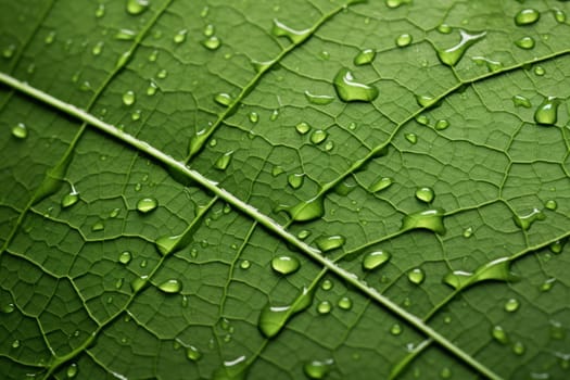 An extreme close-up of a rain-soaked leaf, revealing its veins. Generative AI
