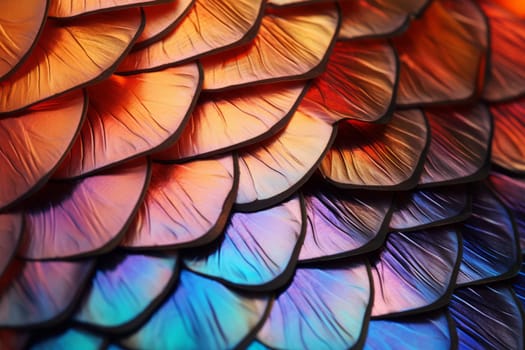 An extreme close-up of the vibrant scales on a butterfly's wing. Generative AI