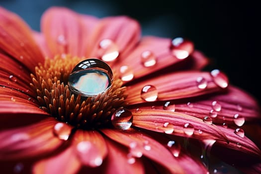 An extreme close-up of a water droplet on a flower petal. Generative AI