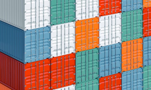 striking side view of colorful stacked shipping containers, 3d render