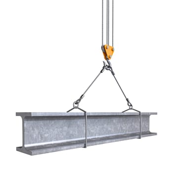 Detailed view of a crane lifting a steel i-beam against a white background. 3d render